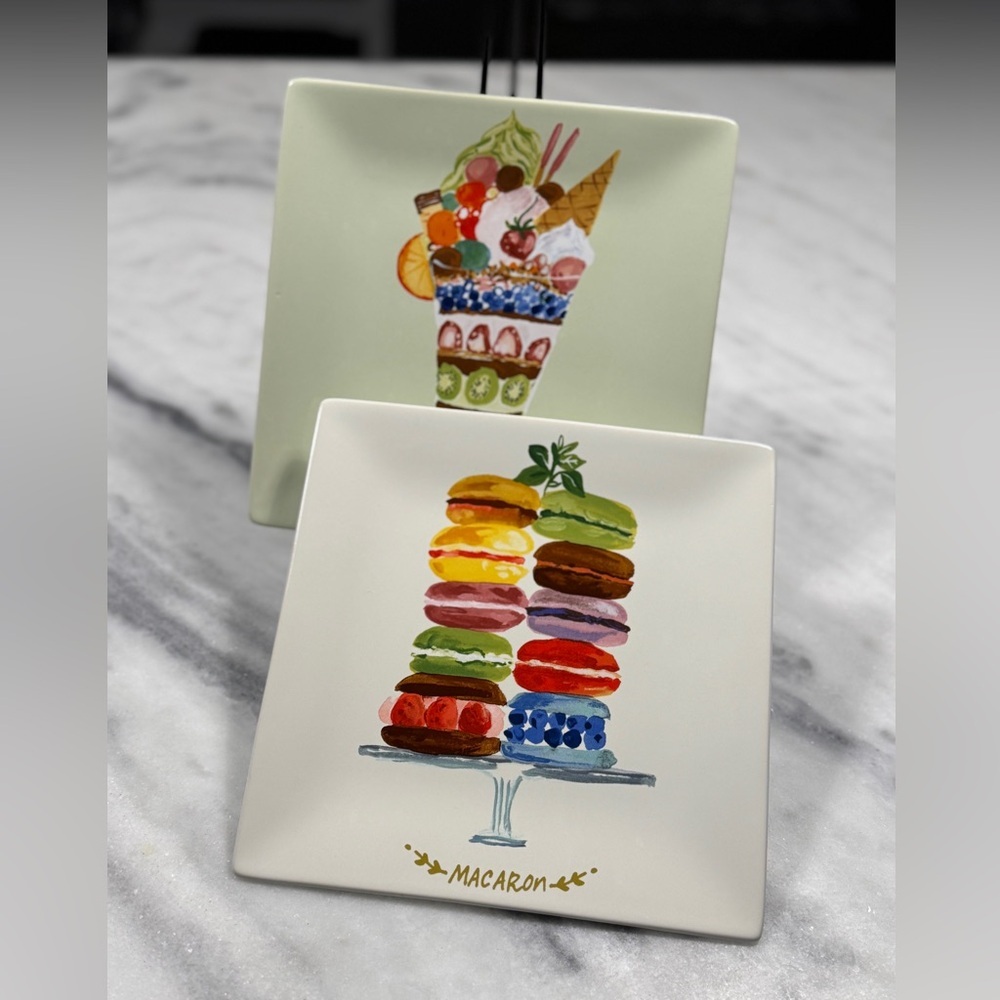 Pier 1 Porcelain Dessert Plates X 2 Pastel Plates w/Colorful Desserts Indonesia